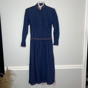 Gunne Sax Navy Blue and Plaid Trim  Maxi Dress 7